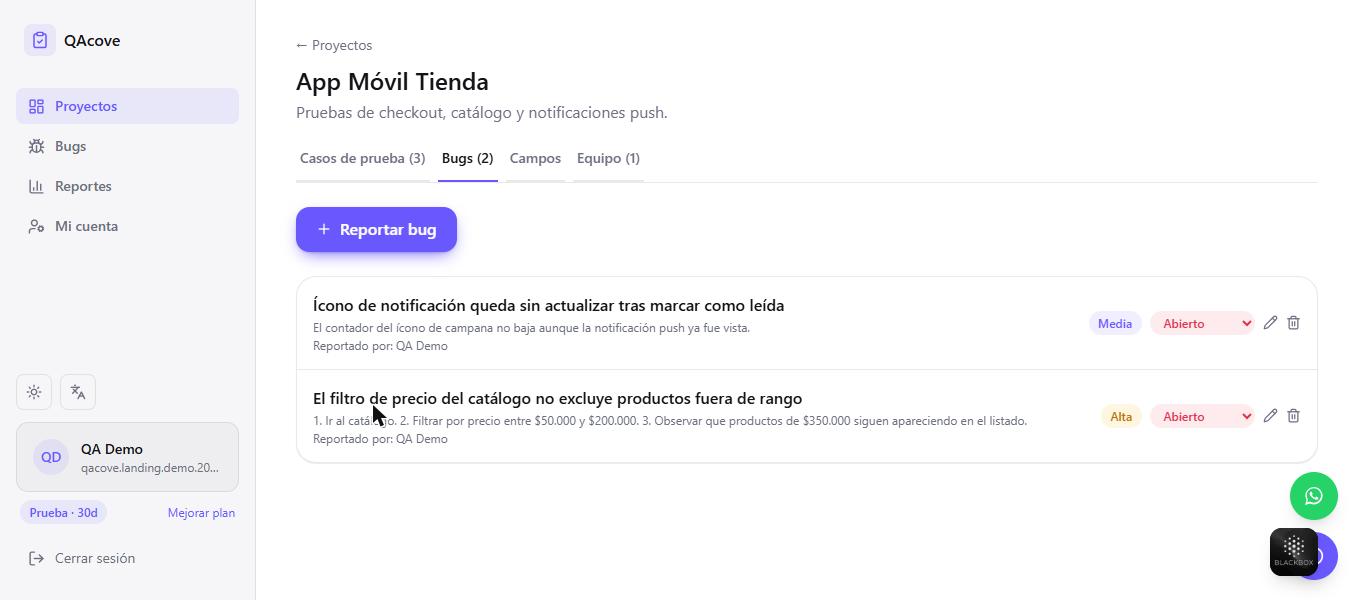 Bugs vinculados al caso de prueba que los originó.