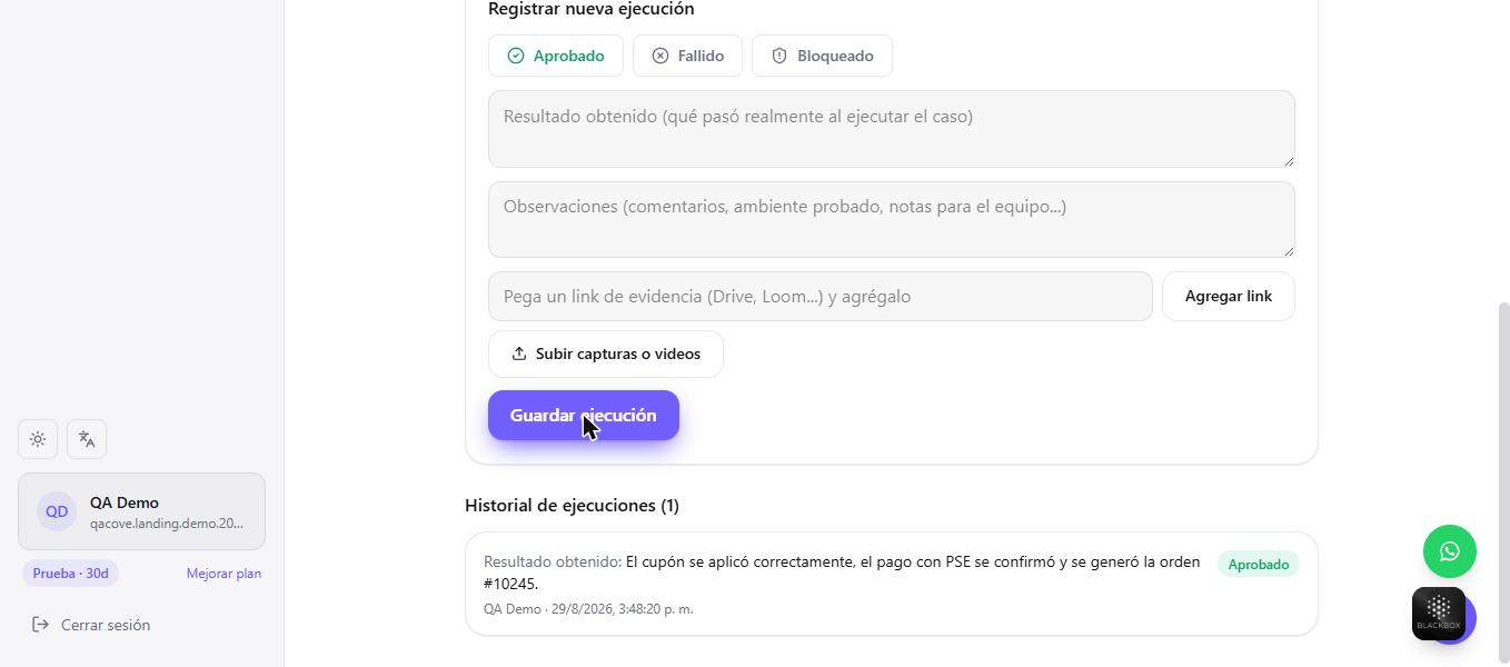 Ejecuciones registradas con resultado, listas para auditar.